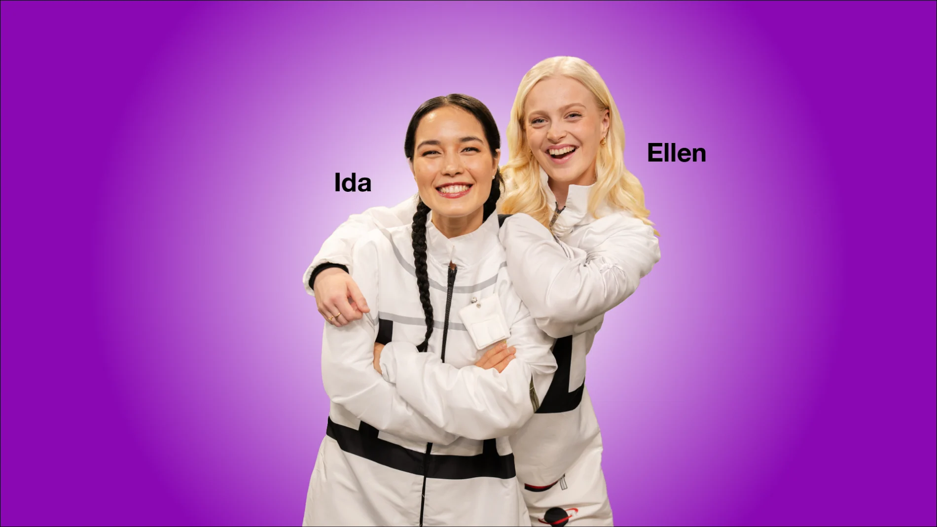Ida On och Ellen Särnevång i rymdoveraller mot lila bakgrund, med namnen Ida och Ellen intill